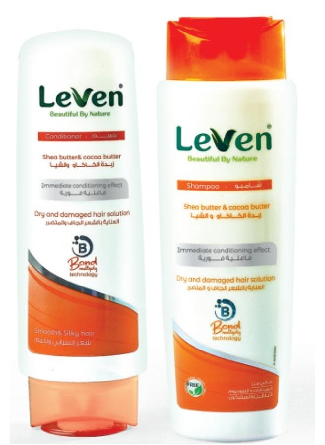 LEAVEN Shampoo + conditioner to care for dry and damaged hair with cocoa and shea butter extracts 2*400 ml  - Image 1