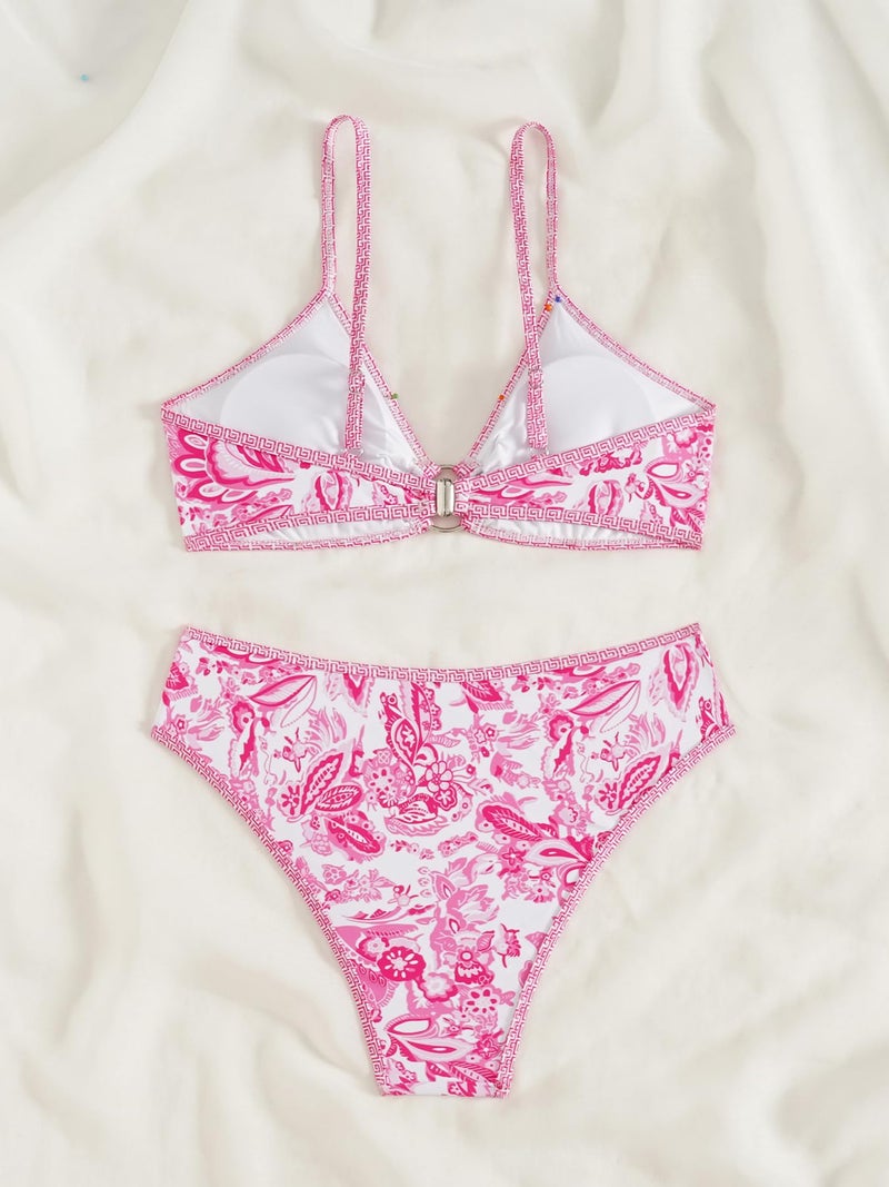 Fanuerg Women's Triangle Bikini Sets O Ring Linked Two Piece Swimsuits Hot Pink Floral Printed Cheeky Bathing Suit M - Image 5
