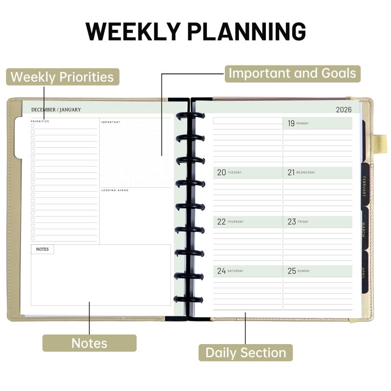 FLYING EAGLE Discbound Planner 2026 Weekly and Monthly 12 Months Jan 2026 - Dec 2026 Calendar Planners 7.8 x 9.6in Hardcover Planner with Tabs, Inner Pocket, Pen Holder, Elastic Closure, Green - Image 4