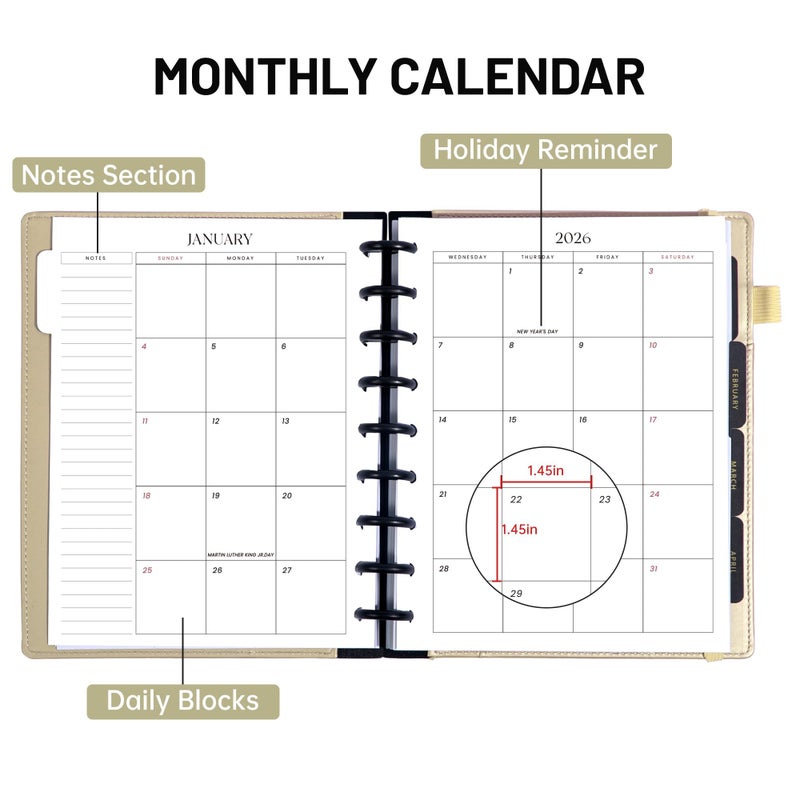 FLYING EAGLE Discbound Planner 2026 Weekly and Monthly 12 Months Jan 2026 - Dec 2026 Calendar Planners 7.8 x 9.6in Hardcover Planner with Tabs, Inner Pocket, Pen Holder, Elastic Closure, Green - Image 3