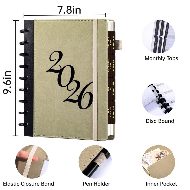 FLYING EAGLE Discbound Planner 2026 Weekly and Monthly 12 Months Jan 2026 - Dec 2026 Calendar Planners 7.8 x 9.6in Hardcover Planner with Tabs, Inner Pocket, Pen Holder, Elastic Closure, Green - Image 5
