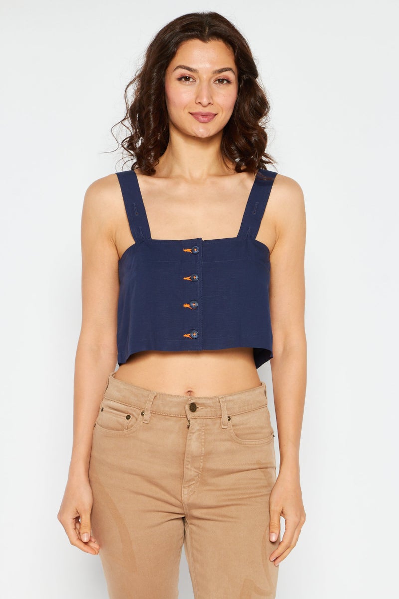 ESPRIT بلوزة نسائية بدون أكمام بتصميم مربع العنق، كحلي - Image 1