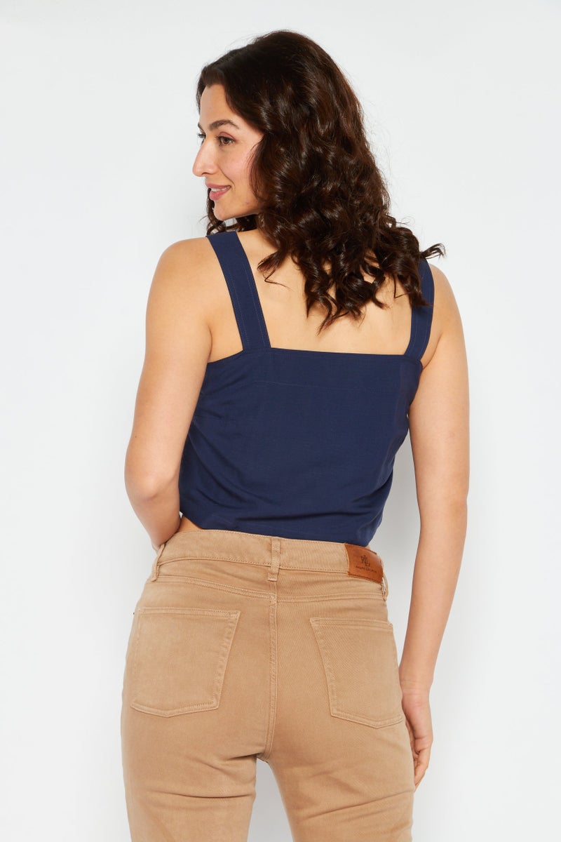 ESPRIT بلوزة نسائية بدون أكمام بتصميم مربع العنق، كحلي - Image 4