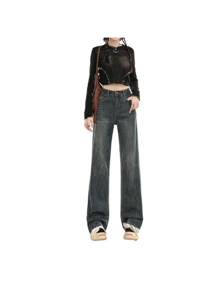 هابي سراويل الجينز النسائية ذات البطانة الداخلية من الفرو والساق المستقيمة، طراز جديد للخريف والشتاء، عالية الخصر، مريحة، فضفاضة، بنطلون ضيق واسع الساق - Image 1