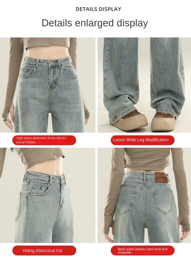 هابي سراويل الجينز النسائية ذات البطانة الداخلية من الفرو والساق المستقيمة، طراز جديد للخريف والشتاء، عالية الخصر، مريحة، فضفاضة، بنطلون ضيق واسع الساق - Image 2