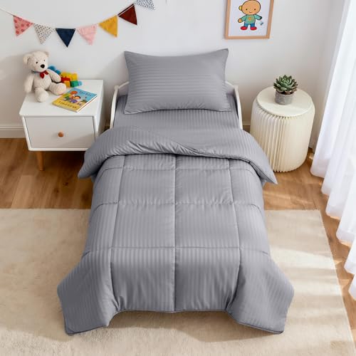 ZPECC Toddler Bedding Set 4 Piece Hypoallergenic Baby Crib Bedding Set for Boys and Girls Includes Toddler Comforter Flat Sheet Fitted Sheet and Pillowcase Grey Stripe - Image 1