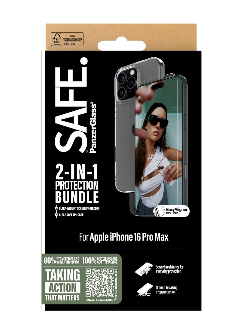 SAFE by PanzerGlass® 2-in-1 for Apple iPhone 16 Pro Max, Tempered Glass Screen Protector + Transparent TPU Case, 60% Recycled Glass, 100% Recycled Plastic, Crystal-clear screen coverage