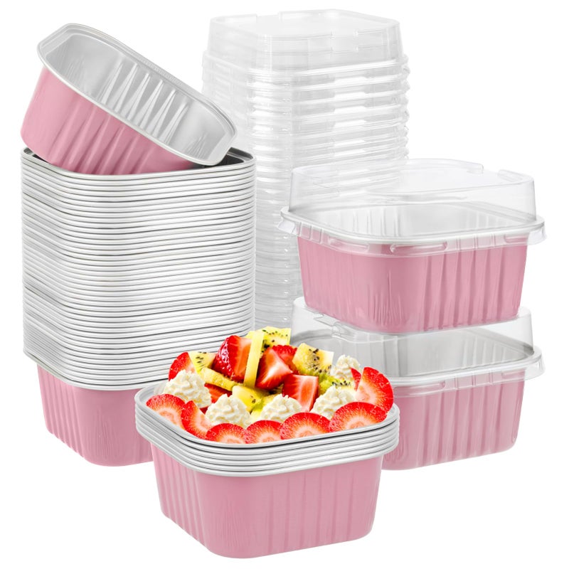 Augoog 50 Pcs Aluminum Foil Mini Square Baking Cups with Lids,5oz Disposable Ramekins Cake Pans,Cupcake Baking Cups Containers for Bread Muffin Brownie Cheesecake,Pink - Image 1