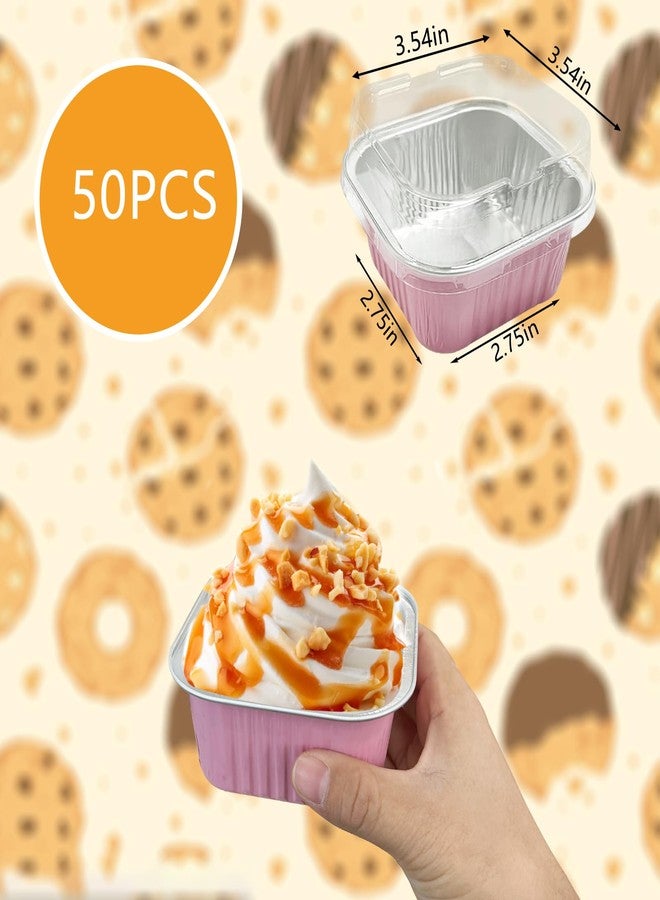 Augoog 50 Pcs Aluminum Foil Mini Square Baking Cups with Lids,5oz Disposable Ramekins Cake Pans,Cupcake Baking Cups Containers for Bread Muffin Brownie Cheesecake,Pink - Image 2