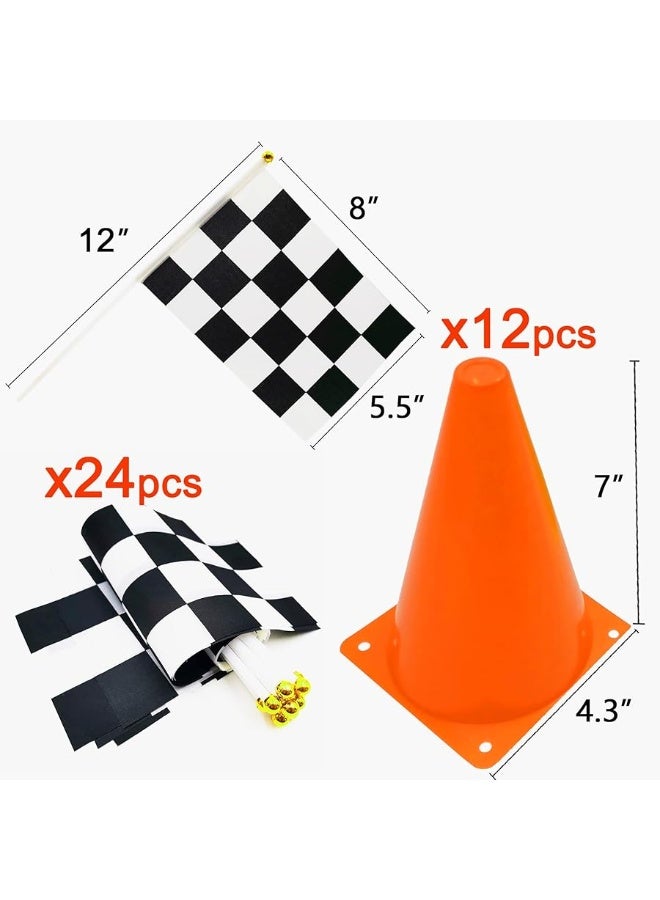 YOELVN 7inch Orange Racing Traffic Cones Party Decoration with Racing Checkered Flags,11inch Safety Sport Training Plastic Cones with Racing Flags,Race Car Birthday Party Supplies,Racing Themed Party - Image 1