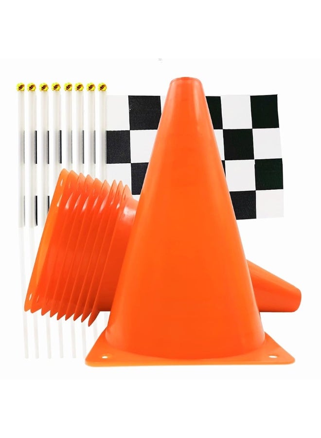 YOELVN 7inch Orange Racing Traffic Cones Party Decoration with Racing Checkered Flags,11inch Safety Sport Training Plastic Cones with Racing Flags,Race Car Birthday Party Supplies,Racing Themed Party - Image 5