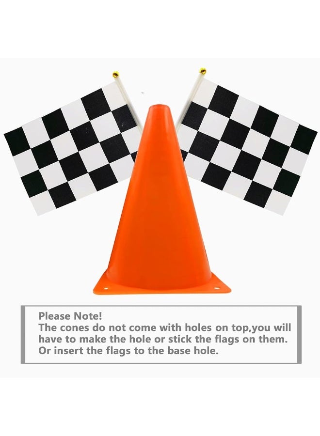 YOELVN 7inch Orange Racing Traffic Cones Party Decoration with Racing Checkered Flags,11inch Safety Sport Training Plastic Cones with Racing Flags,Race Car Birthday Party Supplies,Racing Themed Party - Image 2