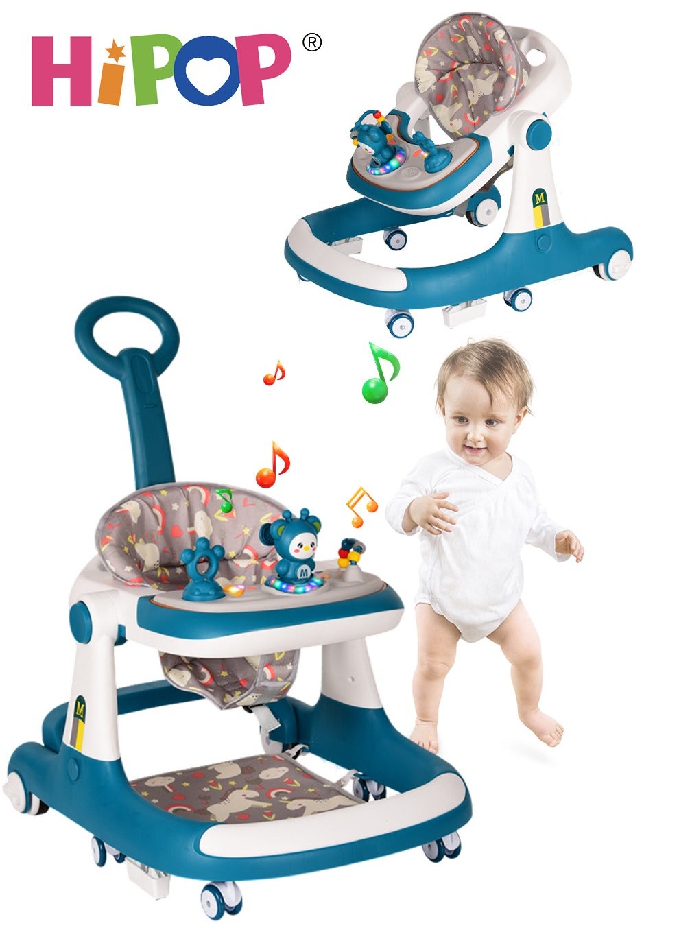 Baby Walker 3 in 1,with Parent Push Handle and Adjustable Height Cushion,Attractive Toys and Entertaining Music,Anti-Rollover Baby Stroller 