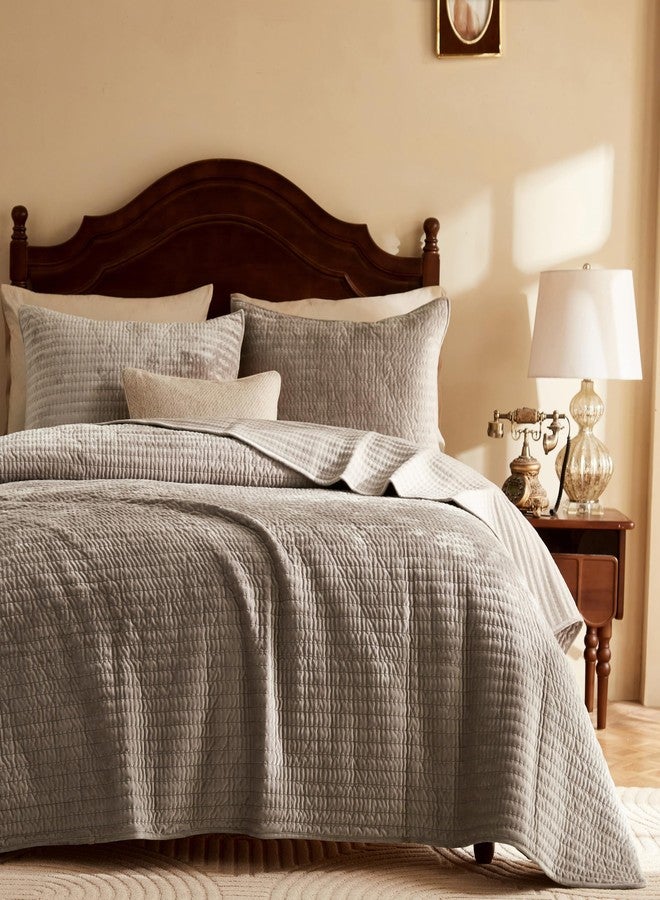 WDCOZY Velvet King Size Quilt Set - Brown Taupe Tan Camel Striped Pick Stitch Soft Lightweight Bedspread, Channel Farmhouse Country Rustic Coverlet, Modern Bedding Warm Thin Comforter, 3 Pieces - Image 1