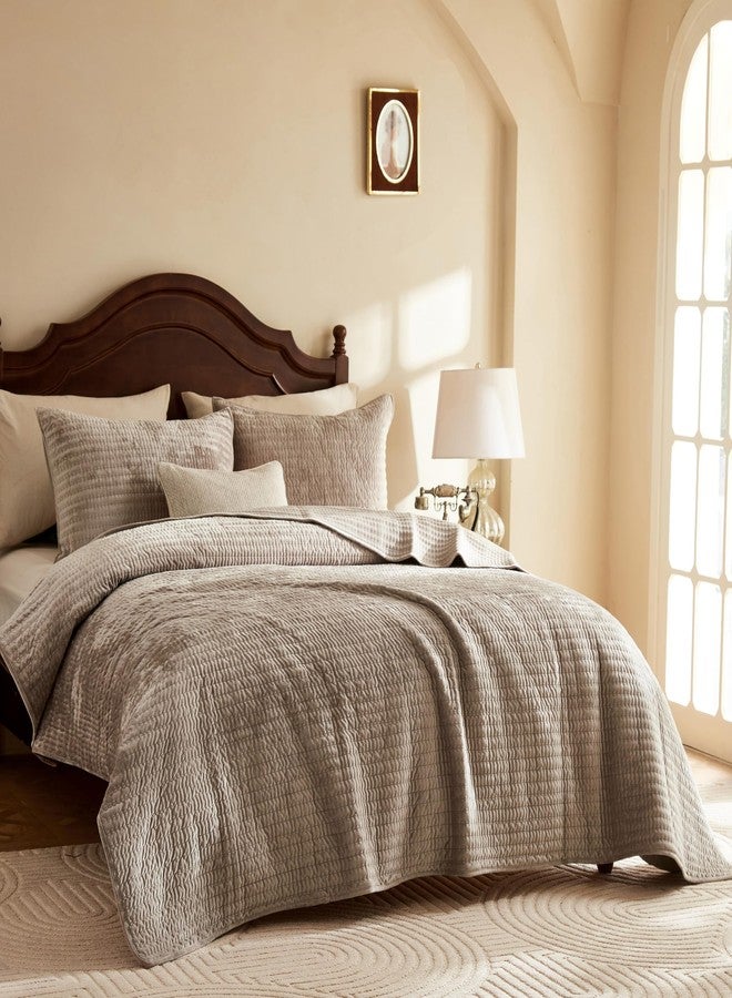 WDCOZY Velvet King Size Quilt Set - Brown Taupe Tan Camel Striped Pick Stitch Soft Lightweight Bedspread, Channel Farmhouse Country Rustic Coverlet, Modern Bedding Warm Thin Comforter, 3 Pieces - Image 3