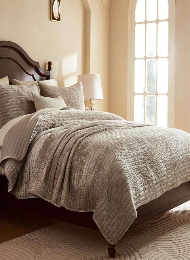 WDCOZY Velvet King Size Quilt Set - Brown Taupe Tan Camel Striped Pick Stitch Soft Lightweight Bedspread, Channel Farmhouse Country Rustic Coverlet, Modern Bedding Warm Thin Comforter, 3 Pieces - Image 5