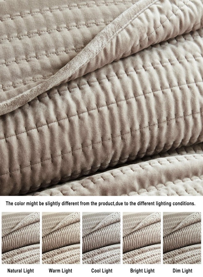 WDCOZY Velvet King Size Quilt Set - Brown Taupe Tan Camel Striped Pick Stitch Soft Lightweight Bedspread, Channel Farmhouse Country Rustic Coverlet, Modern Bedding Warm Thin Comforter, 3 Pieces - Image 4