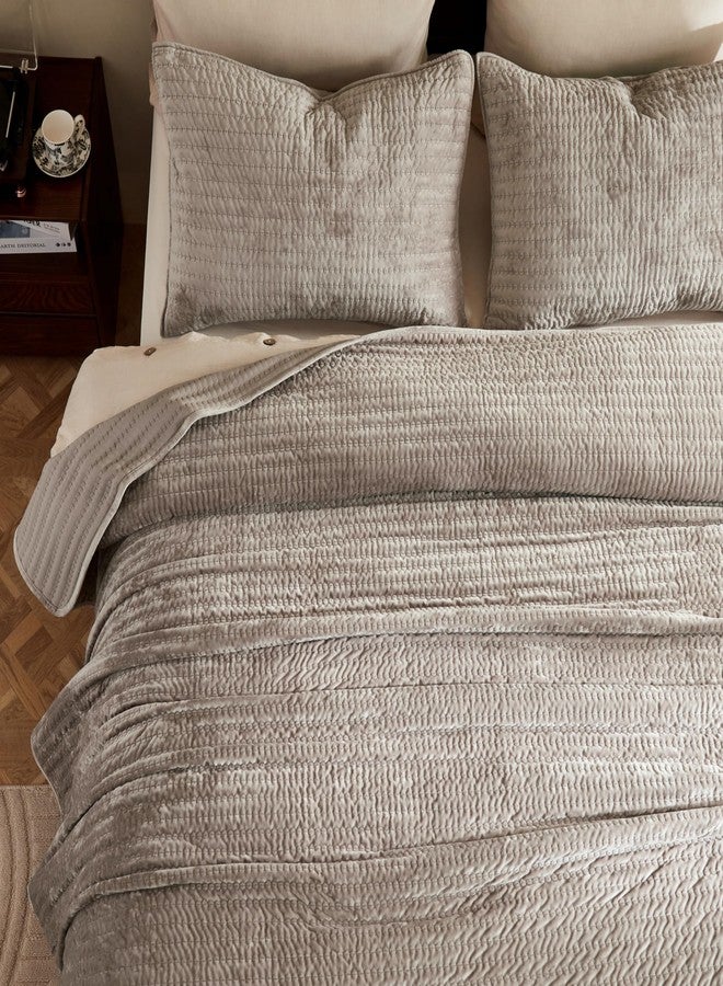 WDCOZY Velvet King Size Quilt Set - Brown Taupe Tan Camel Striped Pick Stitch Soft Lightweight Bedspread, Channel Farmhouse Country Rustic Coverlet, Modern Bedding Warm Thin Comforter, 3 Pieces - Image 2