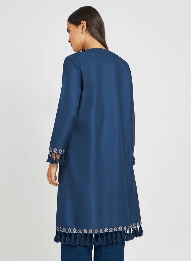 Styli Styli Embroidered Midi Length Kimono with Tassel Trim