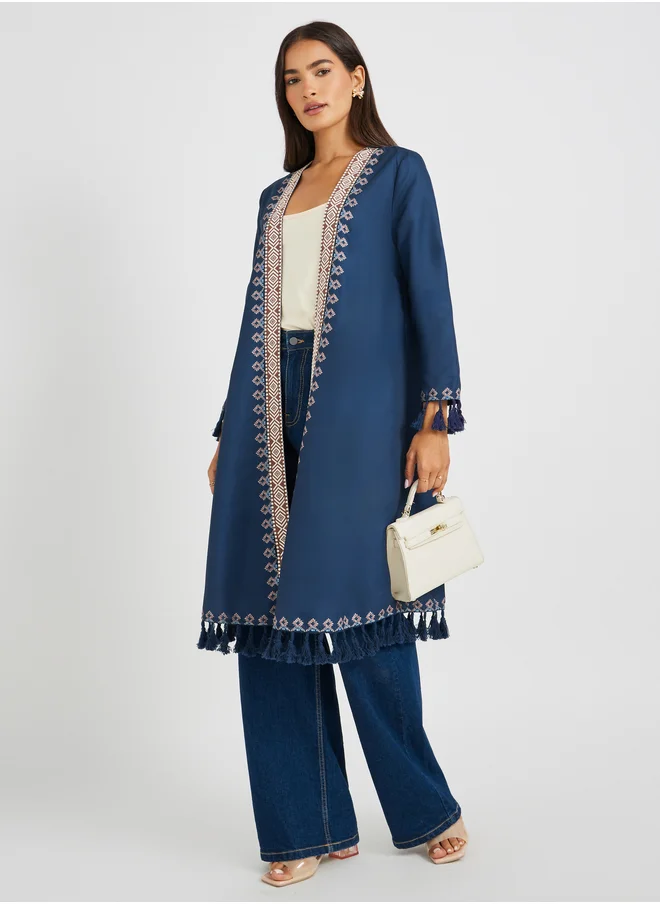 ستايلي Styli Embroidered Midi Length Kimono with Tassel Trim