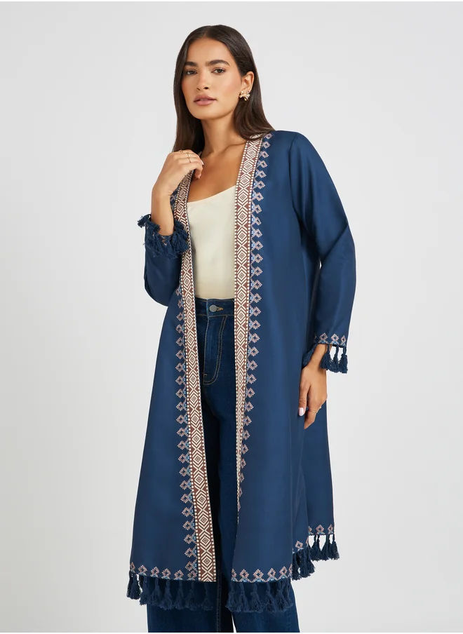 ستايلي Styli Embroidered Midi Length Kimono with Tassel Trim