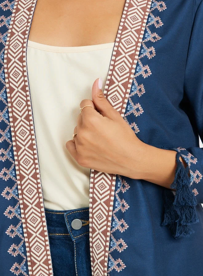 Styli Styli Embroidered Midi Length Kimono with Tassel Trim