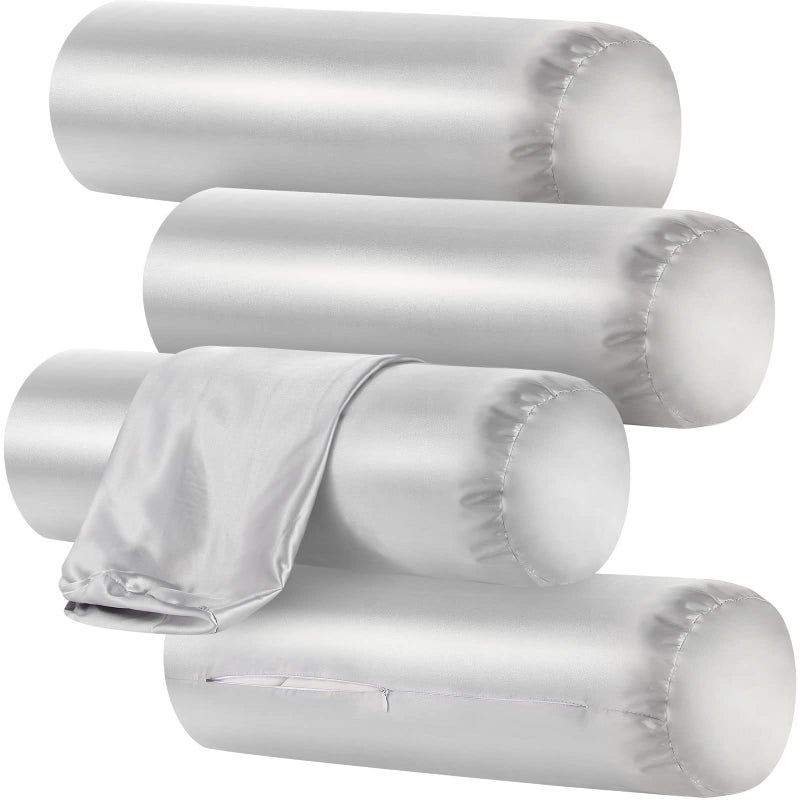 Remerry 4 Pack 18 x 6 Inches Gray Silk Satin Neck Roll Pillow Cases Cover Only Round Neck Bolster Pillow Covers Cervical Cylinder Case with Zipper Pillowcases for Hair Skin