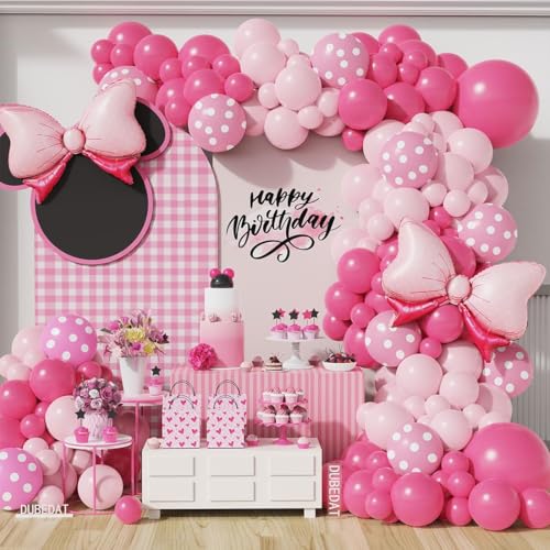 DUBEDAT Pink Mouse Balloon Garland Arch, 136Pcs Pink Rose Polka Dots Balloon for Mouse Theme Birthday Girl Baby Shower Decoration - Image 1