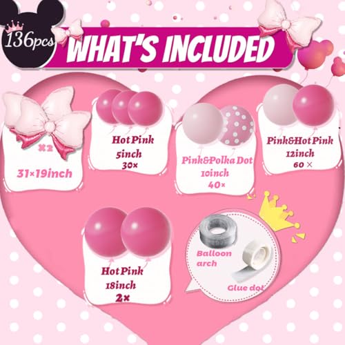 DUBEDAT Pink Mouse Balloon Garland Arch, 136Pcs Pink Rose Polka Dots Balloon for Mouse Theme Birthday Girl Baby Shower Decoration - Image 2