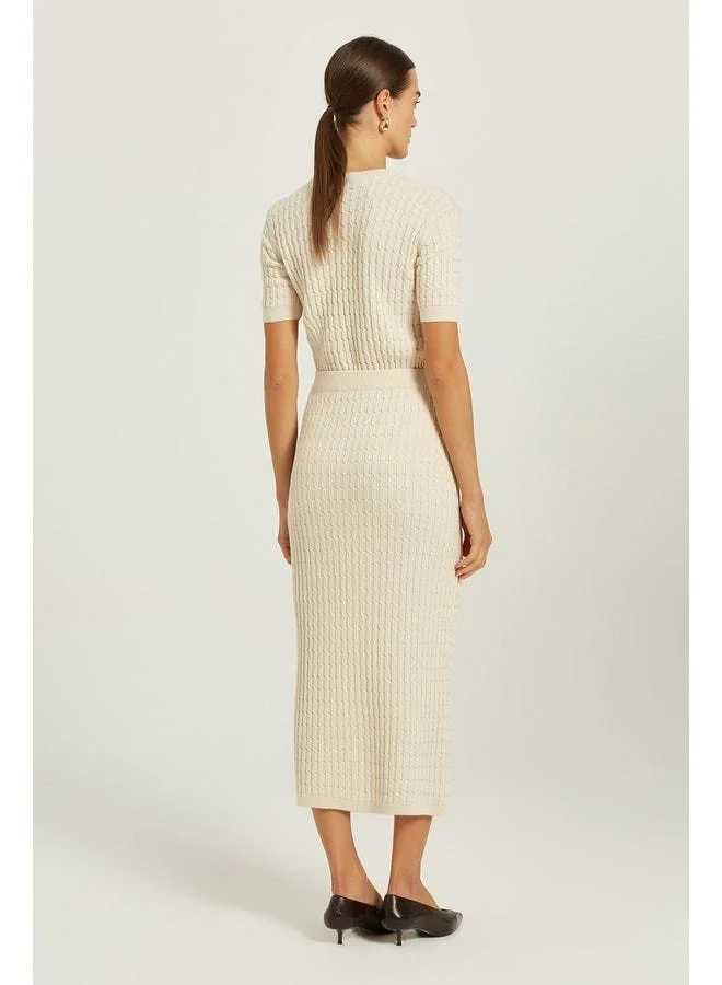 Mısırlı 1951  Beige Knitted Textured Gold-Button Midi Skirt for Women | Best Price UAE