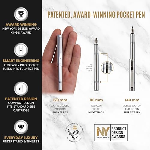 Scriveiner Silver Chrome Fountain Pen (Medium), Award Winning Luxury Pen, Heavy Pocket Pen, Chrome Finish, Schmidt Nib, Converter, Best EDC Writing Pen Gift Set for Men & Women, Nice Office Fancy Pen - Image 4
