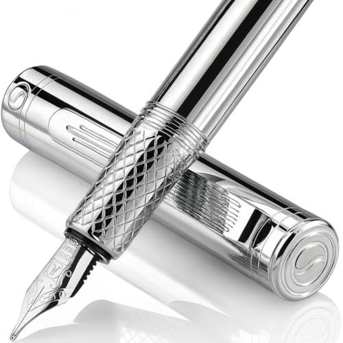Scriveiner Silver Chrome Fountain Pen (Medium), Award Winning Luxury Pen, Heavy Pocket Pen, Chrome Finish, Schmidt Nib, Converter, Best EDC Writing Pen Gift Set for Men & Women, Nice Office Fancy Pen - Image 1