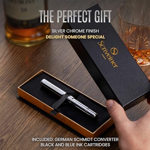 Scriveiner Silver Chrome Fountain Pen (Medium), Award Winning Luxury Pen, Heavy Pocket Pen, Chrome Finish, Schmidt Nib, Converter, Best EDC Writing Pen Gift Set for Men & Women, Nice Office Fancy Pen - Image 3