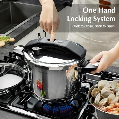 KOCH SYSTEME CS Stainless Steel Pressure Cooker 10.5 Quart, 3-in-1 Olla de Presion, One-Hand Locking, 3 PSI Settings Stovetop Pressure Pot, Induction Pressure Cooker, Glass Lid & Steamer, 10.5QT - Image 4