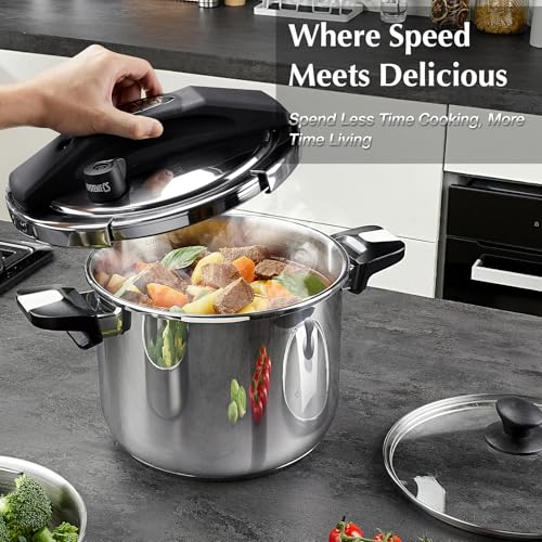 KOCH SYSTEME CS Stainless Steel Pressure Cooker 10.5 Quart, 3-in-1 Olla de Presion, One-Hand Locking, 3 PSI Settings Stovetop Pressure Pot, Induction Pressure Cooker, Glass Lid & Steamer, 10.5QT - Image 3