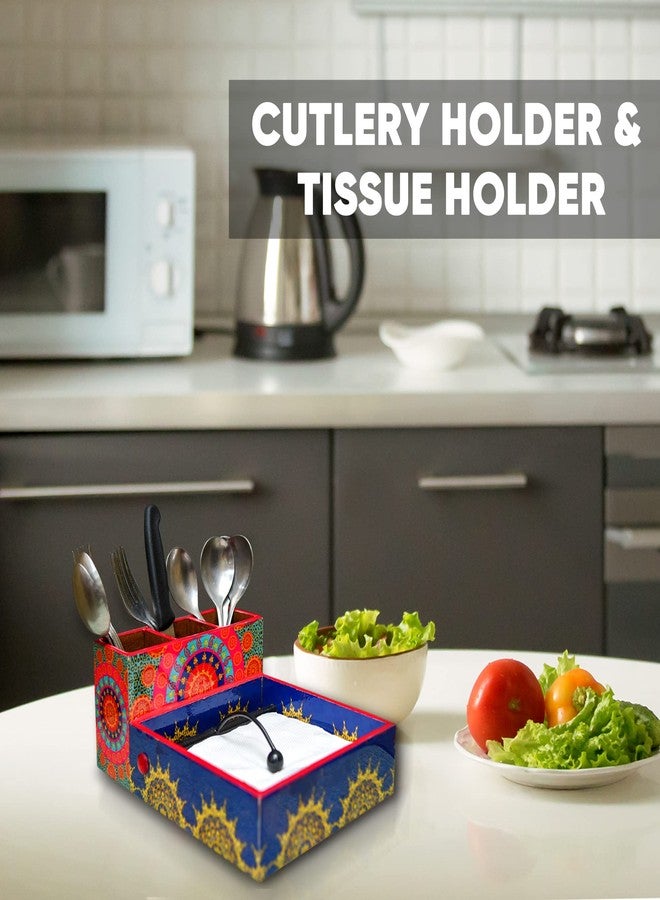 CRAFTY ESSENTIALS Wooden Cutlery and Tissue Paper Holder Spoon Stand Multifunctional Organizer Stand for Kitchen with Special Enamel Coating for Dining Table & Kitchen 10x8x4 Inch - Image 4