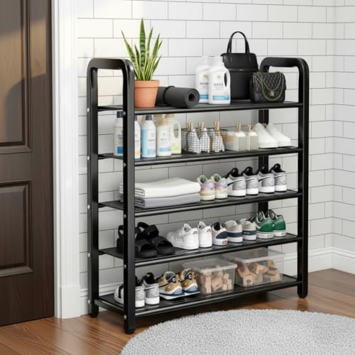 EXVITO Metal Shoe Rack for Home - Adjustable & Stackable Waterproof Open 5-Tier Shoe Rack for Closet Entryway, Bedroom, Outdoor, DIY Multi-Purpose Carbon Steel Shoe Stand - Black (Black, 5 Tier) - Image 1