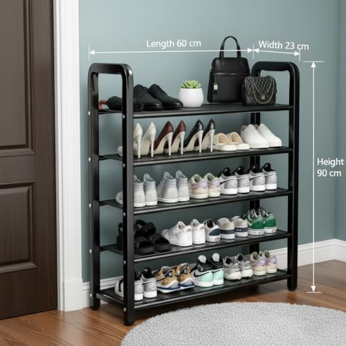 EXVITO Metal Shoe Rack for Home - Adjustable & Stackable Waterproof Open 5-Tier Shoe Rack for Closet Entryway, Bedroom, Outdoor, DIY Multi-Purpose Carbon Steel Shoe Stand - Black (Black, 5 Tier) - Image 2