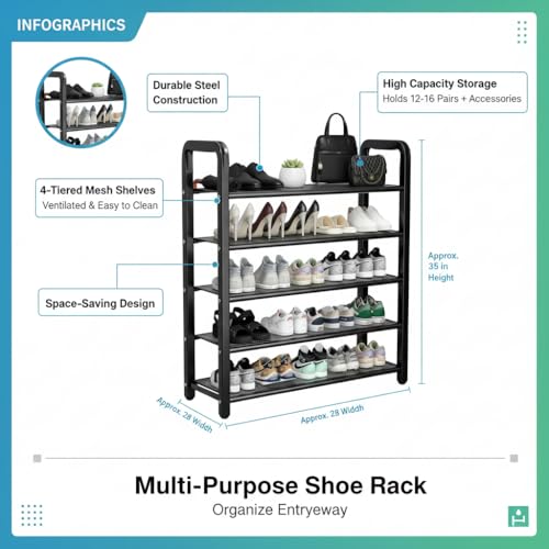 EXVITO Metal Shoe Rack for Home - Adjustable & Stackable Waterproof Open 5-Tier Shoe Rack for Closet Entryway, Bedroom, Outdoor, DIY Multi-Purpose Carbon Steel Shoe Stand - Black (Black, 5 Tier) - Image 5
