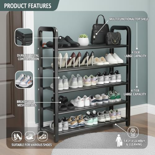 EXVITO Metal Shoe Rack for Home - Adjustable & Stackable Waterproof Open 5-Tier Shoe Rack for Closet Entryway, Bedroom, Outdoor, DIY Multi-Purpose Carbon Steel Shoe Stand - Black (Black, 5 Tier) - Image 3