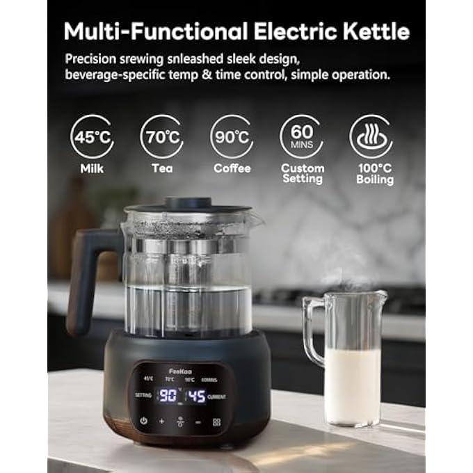 feekaa Electric Kettle Glass Kettle With 1 Temperature Control 72H Keep Warm 13L Capacity 37~95 Adjustable Water Kettle For Tea KettleCoffeeMilk PowderSoupBlack - Image 3