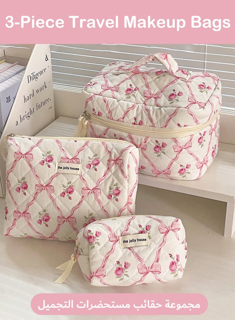 3 PCS Makeup Bag Set, Cotton Large Cosmetic Bag, Portable Travel Make Up Bag, Pink Floral Make up Bag Toiletry Bag Organizer for Women and Girls Cosmetic Case Travel Essential - Image 1