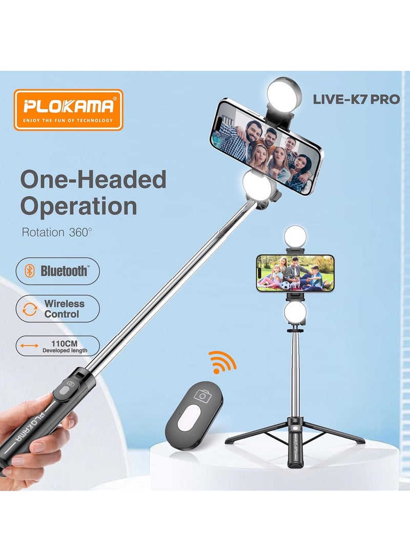 التخطيط ستاند تصوير مثبت هاتف دوار 360° ثلاثي القوائم لايف K7-PRO 【 عصا السيلفي 】 محمول متعدد الوظائف مع وحدة تحكم عن بُعد لاسلكية وحامل هاتف مع 2 أضواء قابلة للشحن LED تجميلي مناسب لجميع الهواتف المحمولة - Image 2