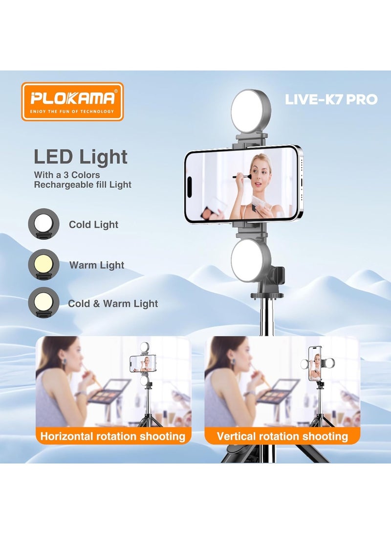 التخطيط ستاند تصوير مثبت هاتف دوار 360° ثلاثي القوائم لايف K7-PRO 【 عصا السيلفي 】 محمول متعدد الوظائف مع وحدة تحكم عن بُعد لاسلكية وحامل هاتف مع 2 أضواء قابلة للشحن LED تجميلي مناسب لجميع الهواتف المحمولة - Image 3