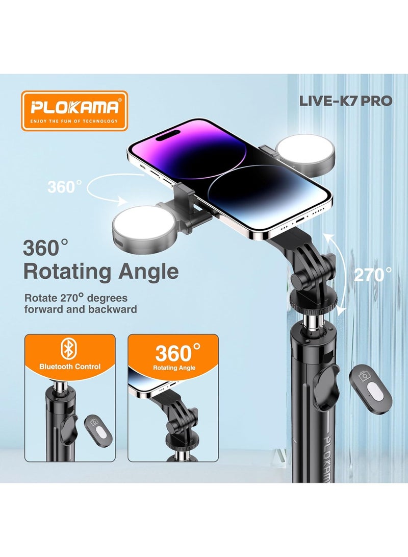 التخطيط ستاند تصوير مثبت هاتف دوار 360° ثلاثي القوائم لايف K7-PRO 【 عصا السيلفي 】 محمول متعدد الوظائف مع وحدة تحكم عن بُعد لاسلكية وحامل هاتف مع 2 أضواء قابلة للشحن LED تجميلي مناسب لجميع الهواتف المحمولة - Image 5