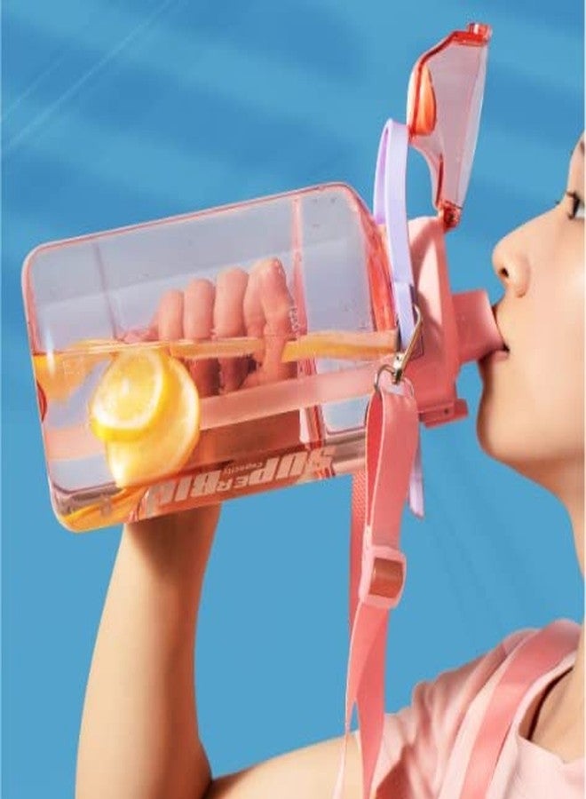 TEMSON 1500ml Water Bottle with Straw and Shoulder Strap and Sticker for Students and Children Outdoor Camping Travel Gym Motivational Sports Water Jug Bottles with Time Marker(FQ-3145) (Pink) - Image 2