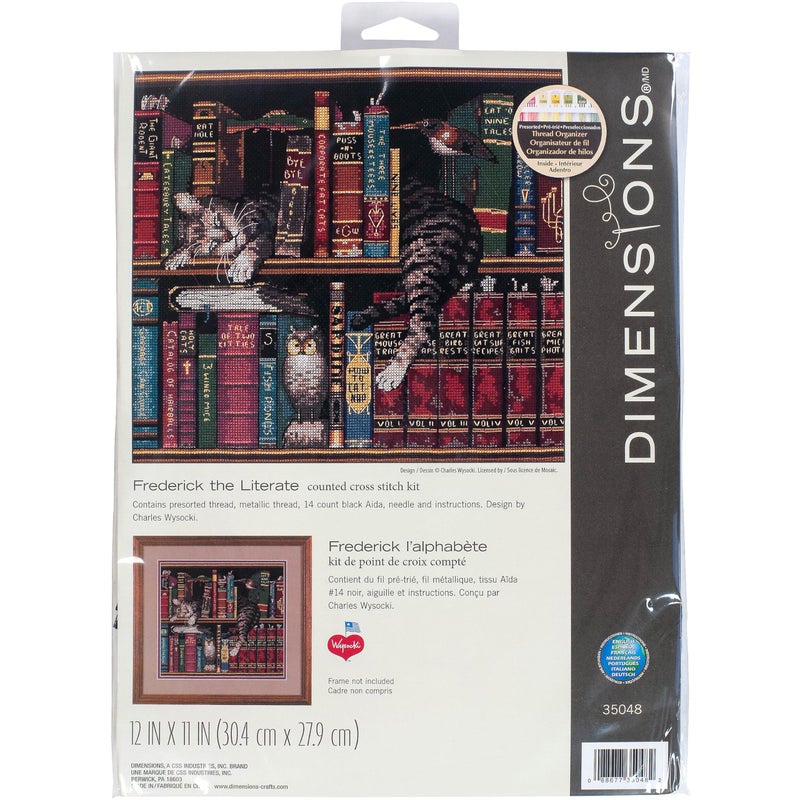 Dimensions 'Frederick the Literate' Snoozing Cat Counted Cross Stitch Kit, 14 Count Black Aida, 12" x 11" - Image 1