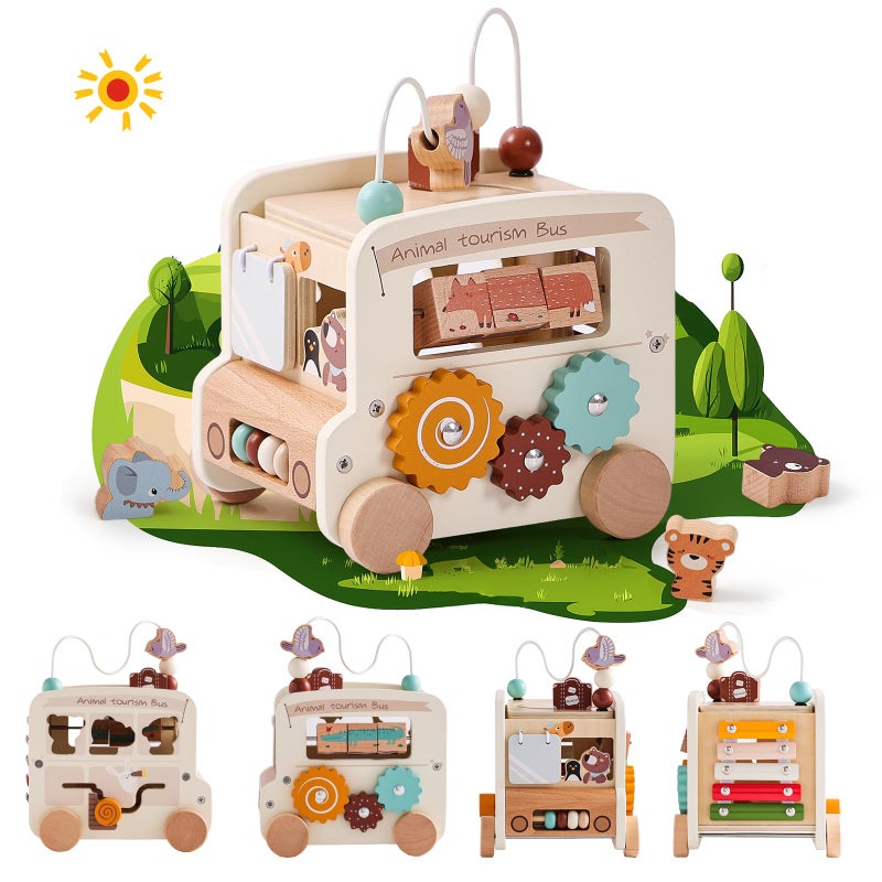 Etucdose Wooden Activity Cube 8in1 Montessori Toys Multifunctional Early Educational Learning Toys Wooden Toy for Baby Shape Sorter Xylophone Animal Travel Bus Boy Girl Birthday GiftBeige Bus - Image 3