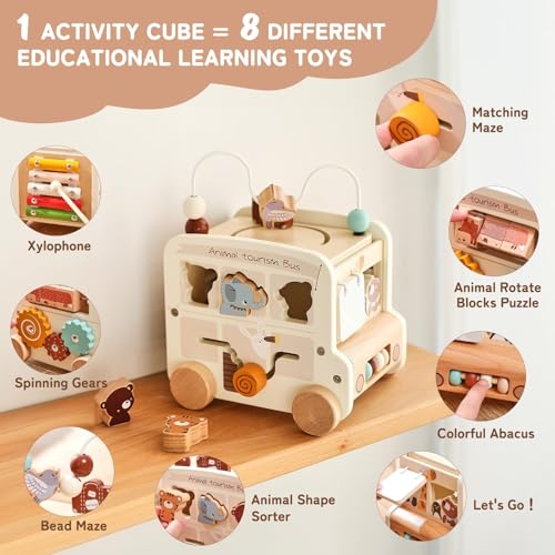 Etucdose Wooden Activity Cube 8in1 Montessori Toys Multifunctional Early Educational Learning Toys Wooden Toy for Baby Shape Sorter Xylophone Animal Travel Bus Boy Girl Birthday GiftBeige Bus - Image 5