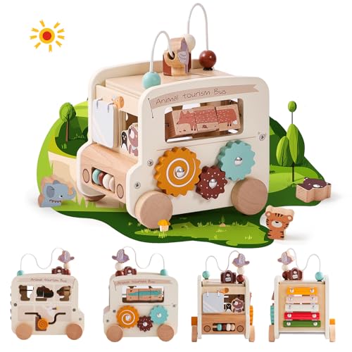 Etucdose Wooden Activity Cube 8in1 Montessori Toys Multifunctional Early Educational Learning Toys Wooden Toy for Baby Shape Sorter Xylophone Animal Travel Bus Boy Girl Birthday GiftBeige Bus - Image 1